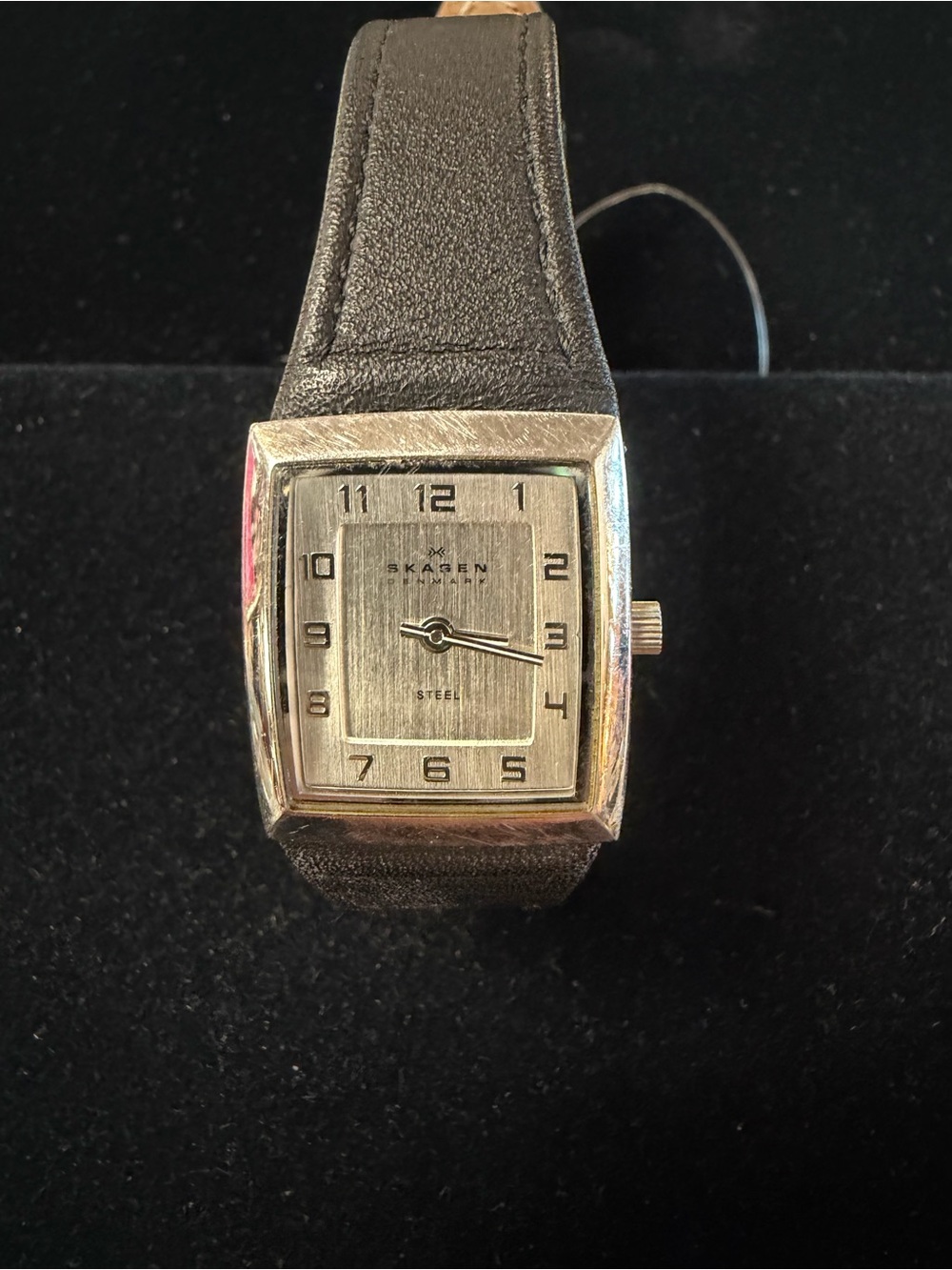 Skagen Silver Square Dial Watch with Black Leather Strap